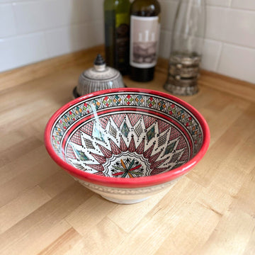 Handmade Moroccan Ceramic Bowl with Red Accents and Multi-Color Geometric Design