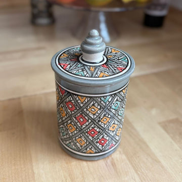 Handmade Moroccan Ceramic Tall Container with Lid – Multicolor Design