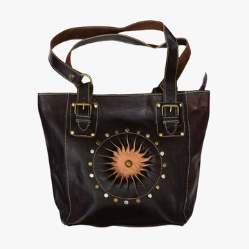 Sunburst Black Leather Tote Bag