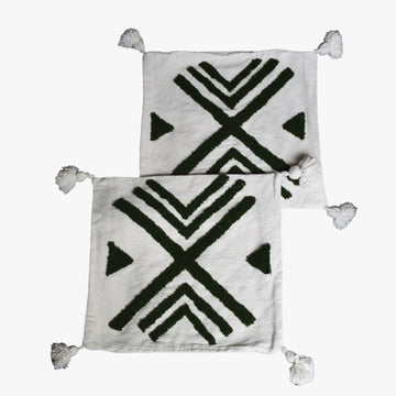 Handwoven Moroccan Dark Green and White Pillow Cover with Geometric Floral Design