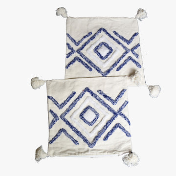 Handwoven Moroccan Pillow Cover with Blue Diamond Pattern and Tassels