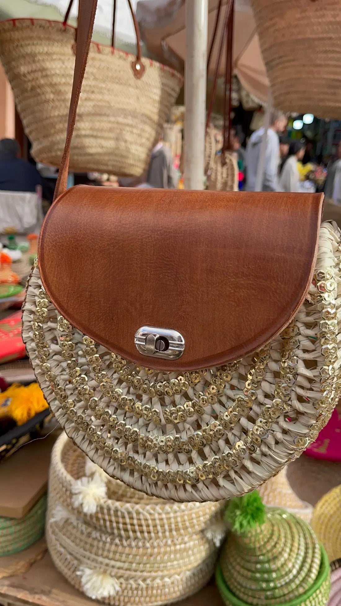 Handmade Moroccan Straw Bag: Leather Handle Woven Crossbody