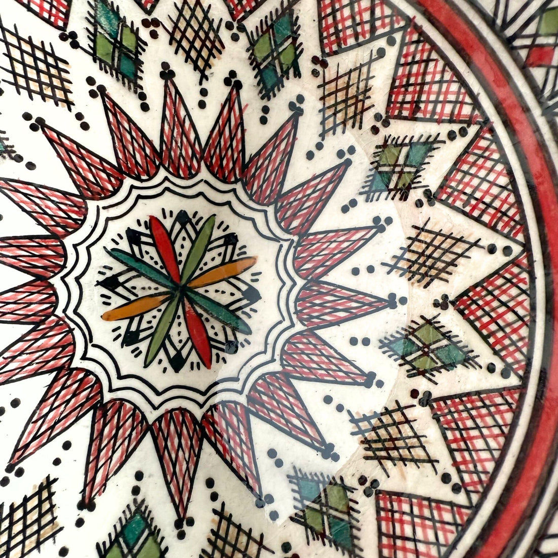 Handmade Moroccan Ceramic Bowl with Red Accents and Multi-Color Geometric Design