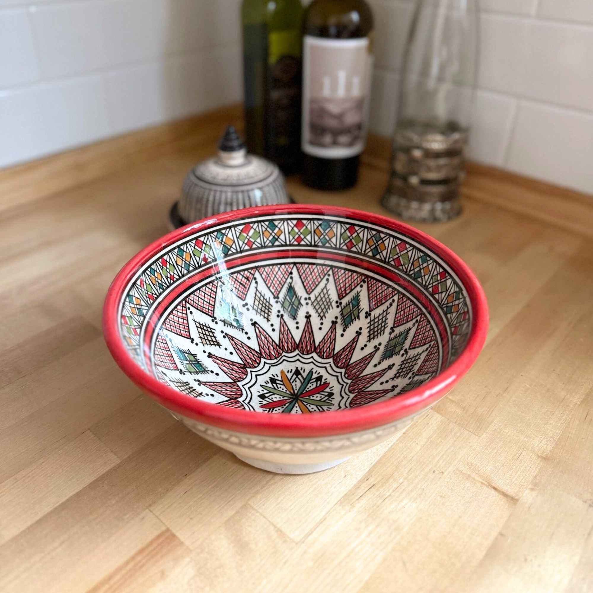 Handmade Moroccan Ceramic Bowl with Red Accents and Multi-Color Geometric Design