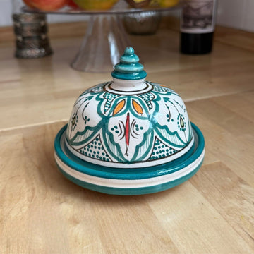 Handmade Moroccan Ceramic Small Container with Lid – Green Design
