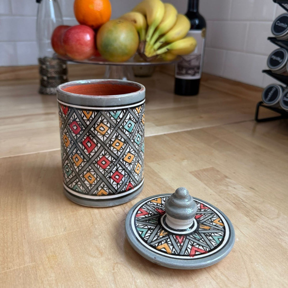 Handmade Moroccan Ceramic Tall Container with Lid – Multicolor Design