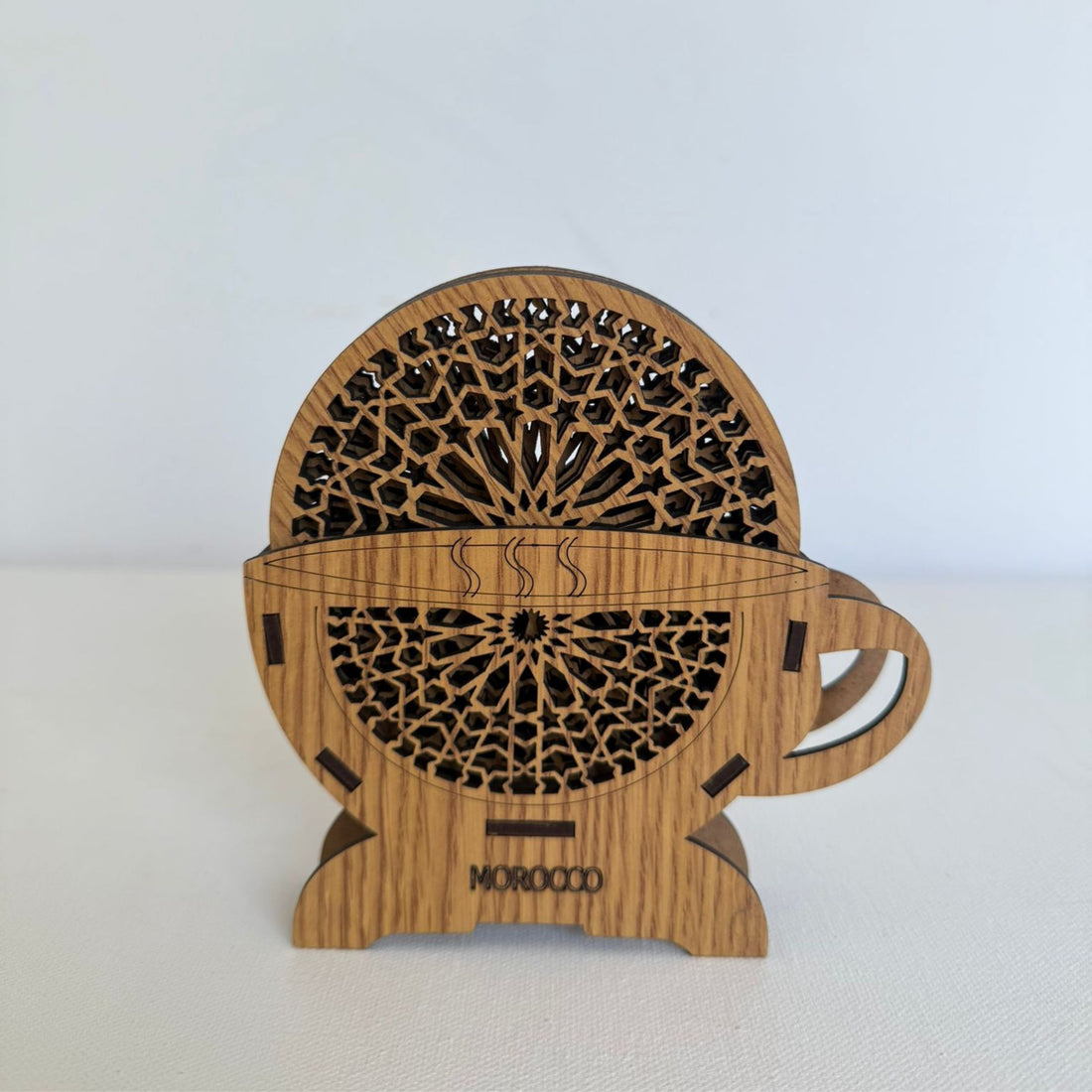 Moroccan Wooden Coaster Set with Cup-Shaped Holder