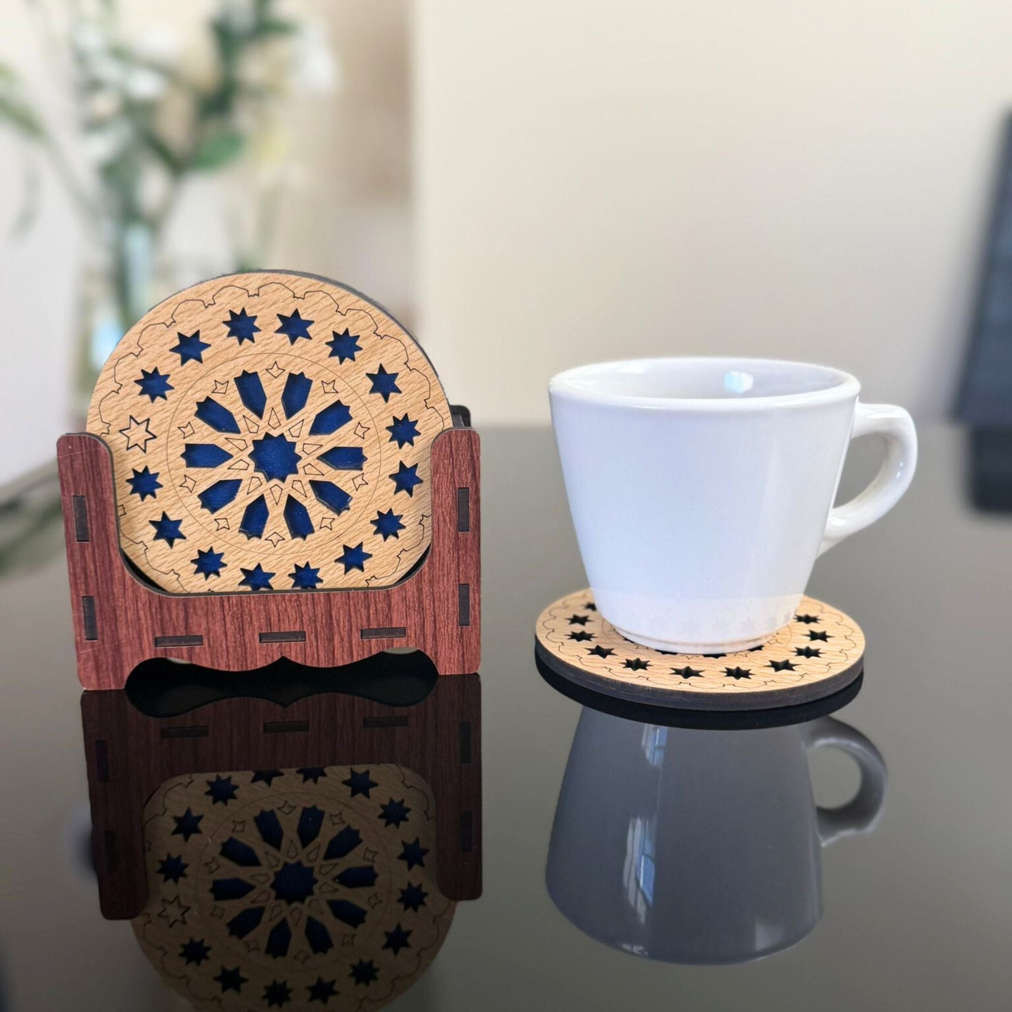 Moroccan Starburst Wooden Coaster Set – Red, Green & Blue Pack