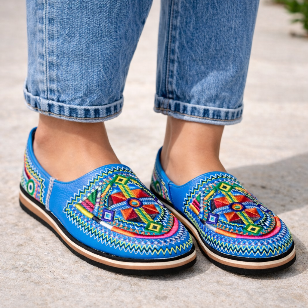 Blue Handmade Leather Shoes Babouches - Size 8 US