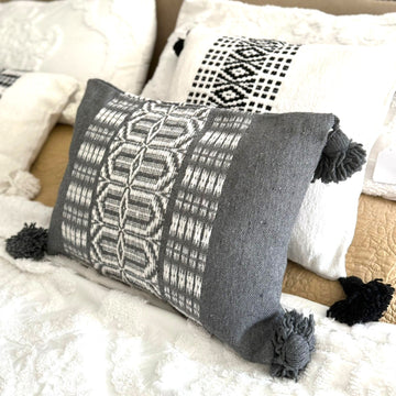 Handwoven Moroccan Grey Pillow Cover with White Striped Design and Tassels