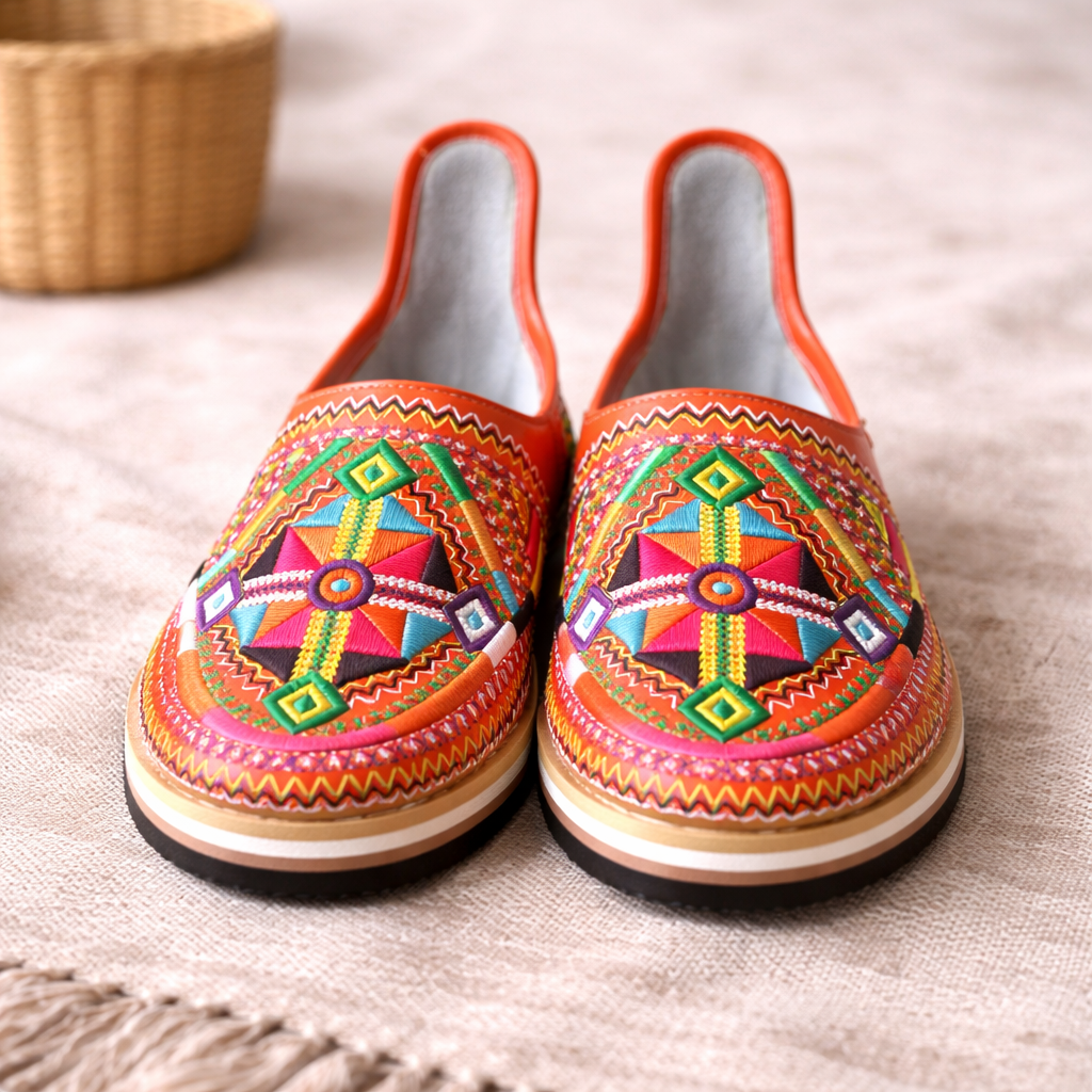 Orange Handmade Leather Shoes Babouches - Size 7 US