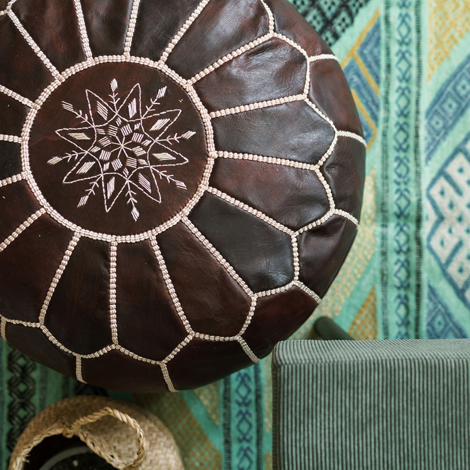 Moroccan Leather Pouf – Dark Brown Blossom Design