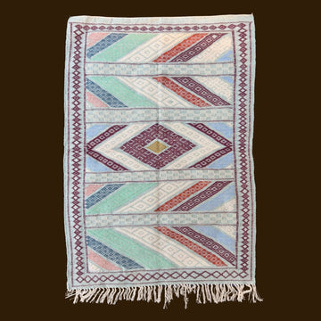Bohemian Moroccan Rug - Geometric Pastel Embroidery