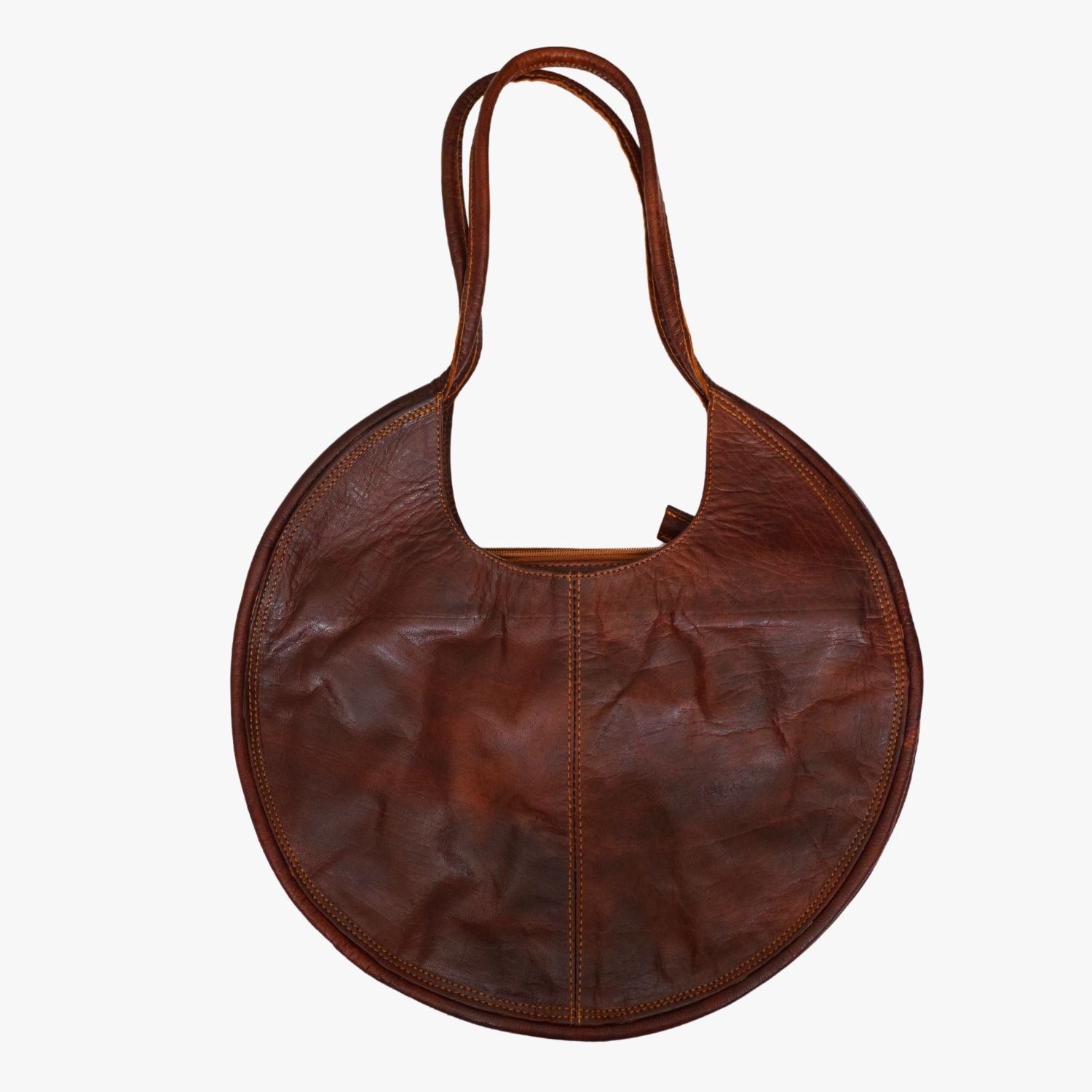 Round-Shaped Brown Leather Tote Bag
