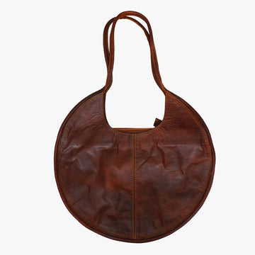 Round-Shaped Brown Leather Tote Bag