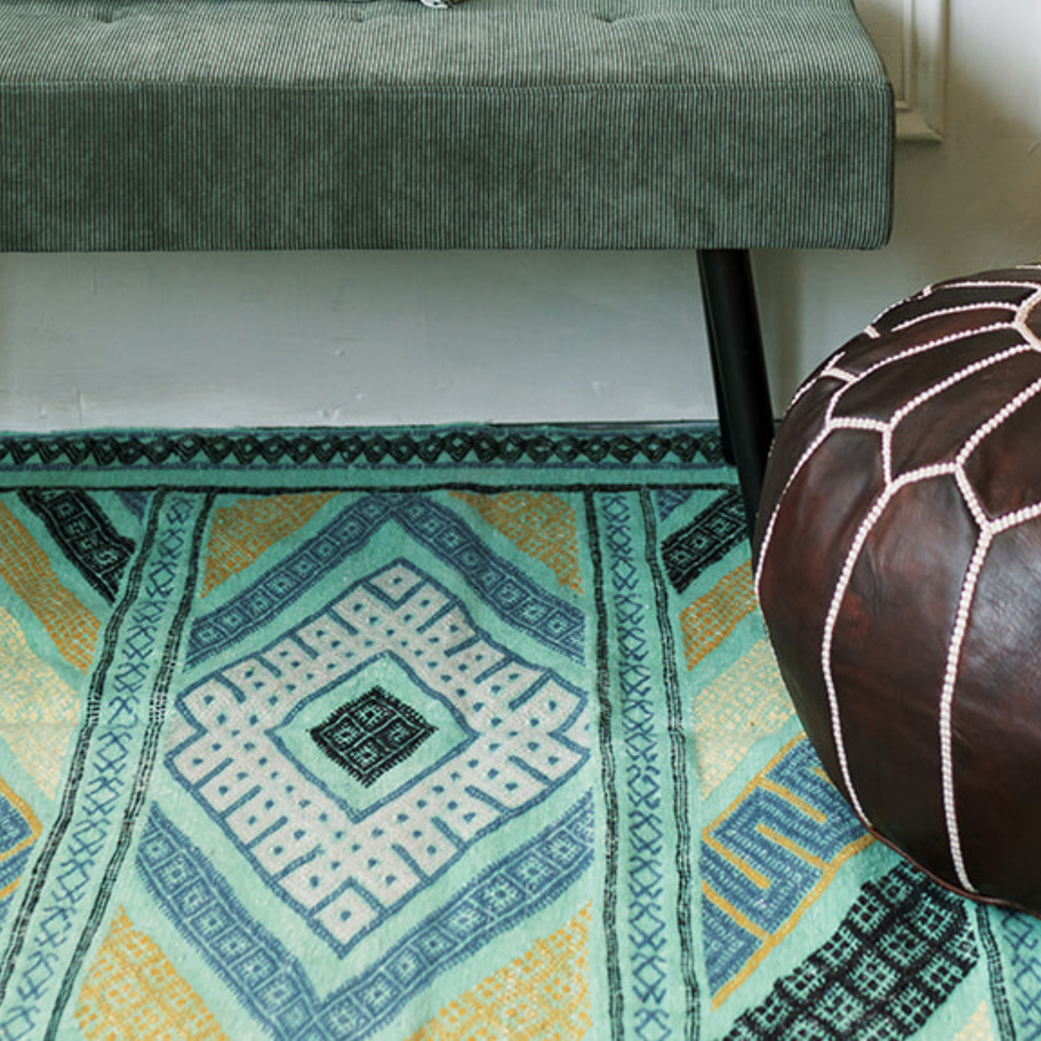 Bohemian Moroccan Rug – Mint and Beige Geometric Patterns
