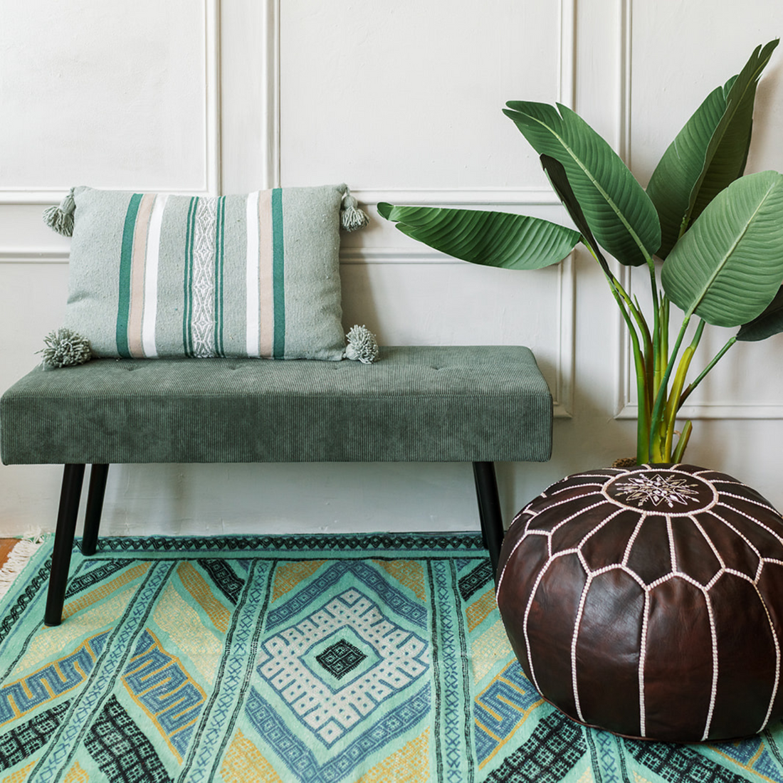 Bohemian Moroccan Rug – Mint and Beige Geometric Patterns