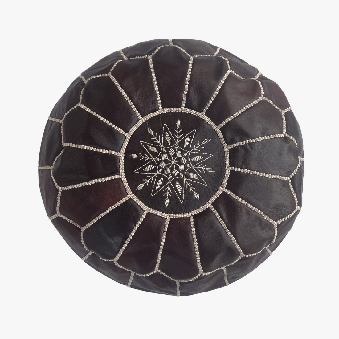 Moroccan Leather Pouf – Dark Brown Blossom Design