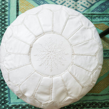 Moroccan Leather Pouf – White Blossom Design