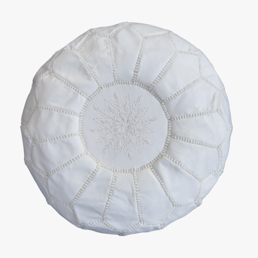 Moroccan Leather Pouf – White Blossom Design