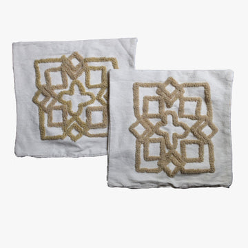 Handwoven Moroccan Pillow Cover in Beige and White with a Geometric Floral Design
