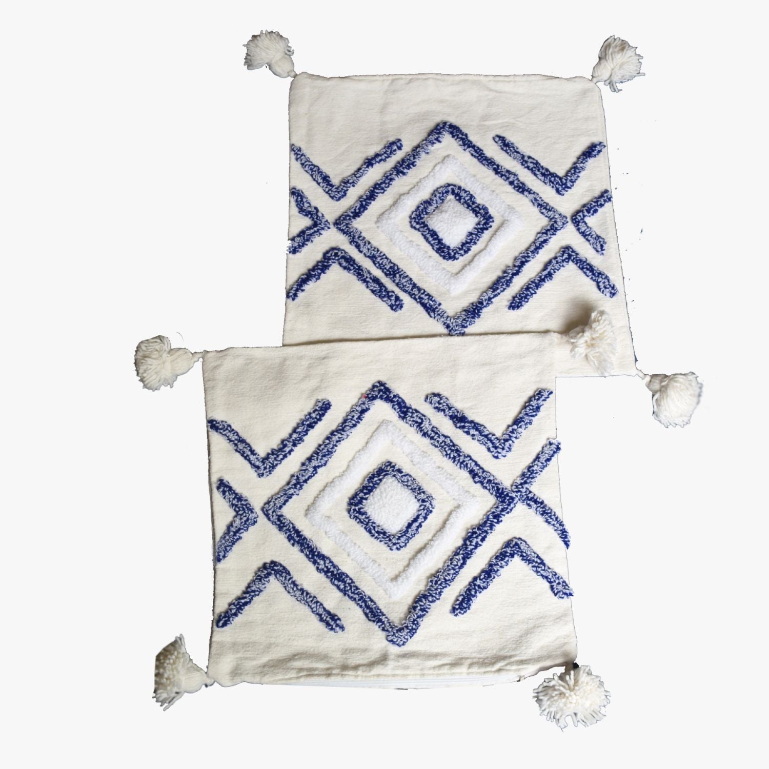 Handwoven Moroccan Pillow Cover with Blue Diamond Pattern and Tassels
