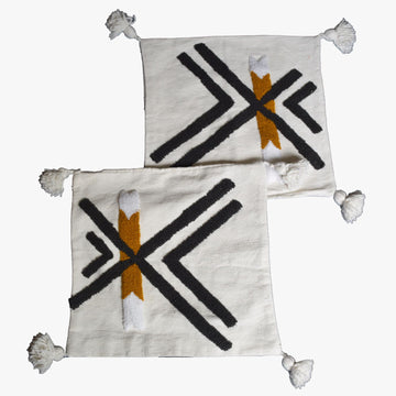 Handwoven Moroccan Pillow Cover with Black and Mustard Geometric Design and Tassels