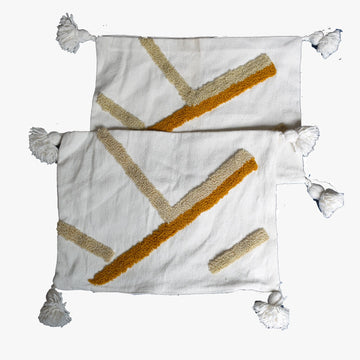 Handwoven Moroccan Pillow Cover with Beige and Mustard Striped Design and Tassels